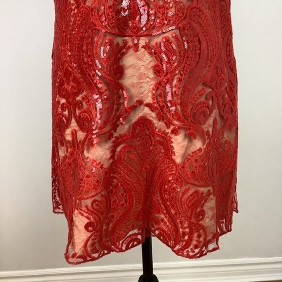 FREE PEOPLE NIGHT SHIMMERS LACE & SEQUINS RED MINI DRESS 10 - Picture 11 of 15